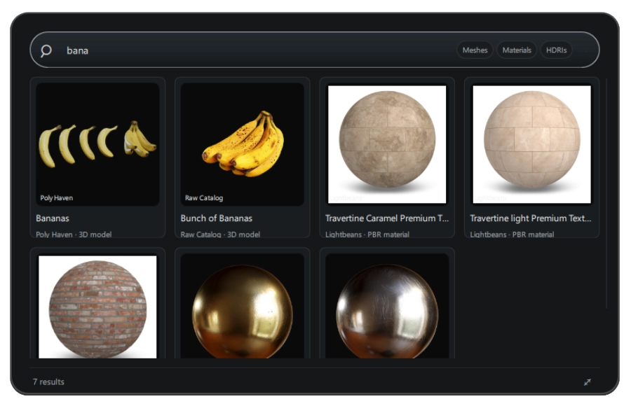 3D Bero Quick Search showing asset results for a library search